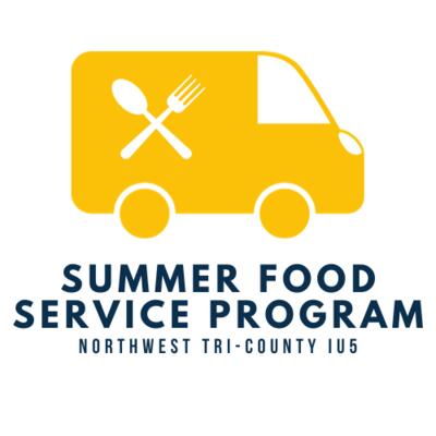 Logo for summer food service program featuring vibrant yellow van icon with utensils on the side, and Summer Food Service Program written underneath in blue